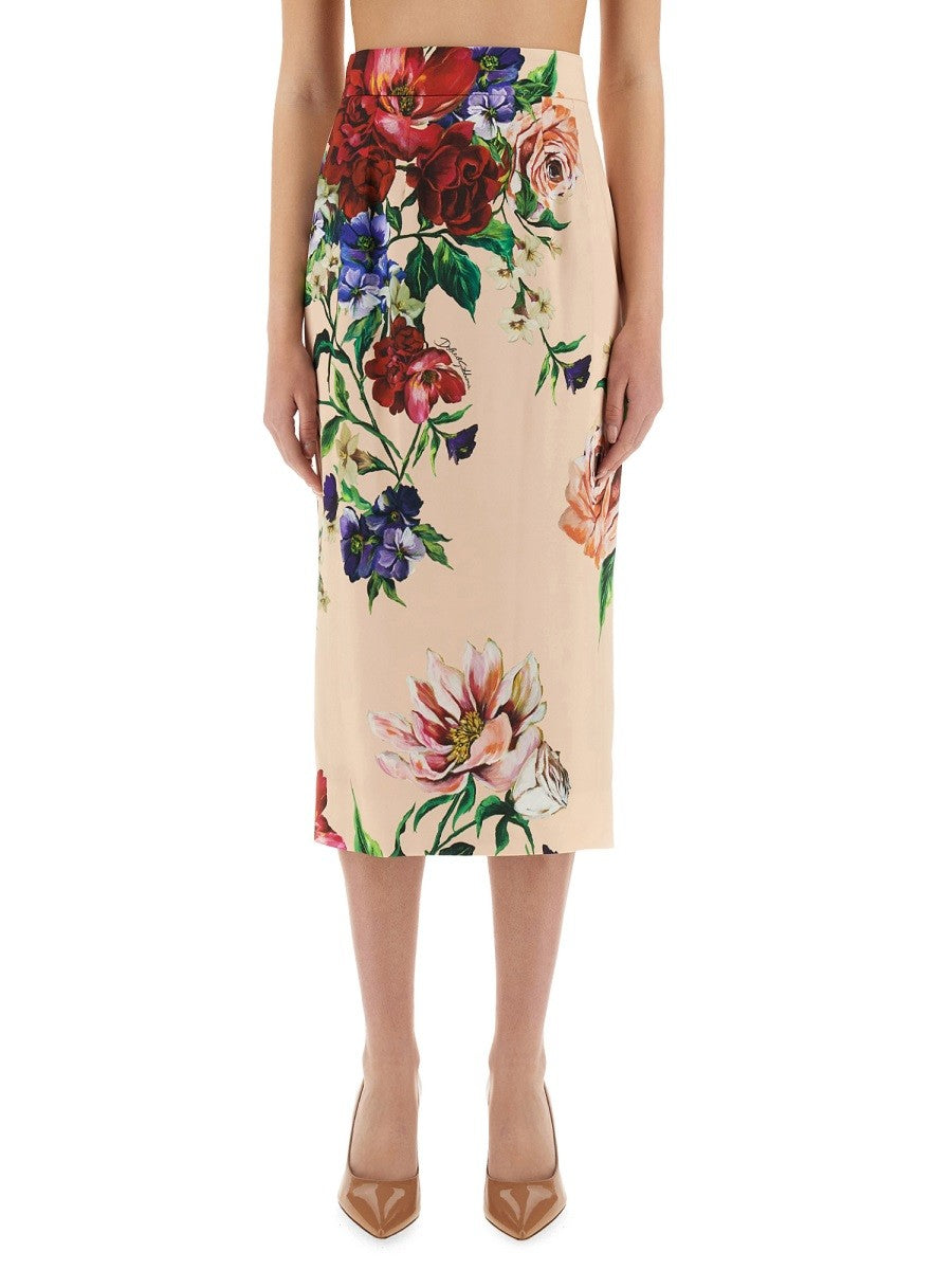 Dolce & Gabbana FLOWER PRINT SATIN MIDI PENCIL SKIRT