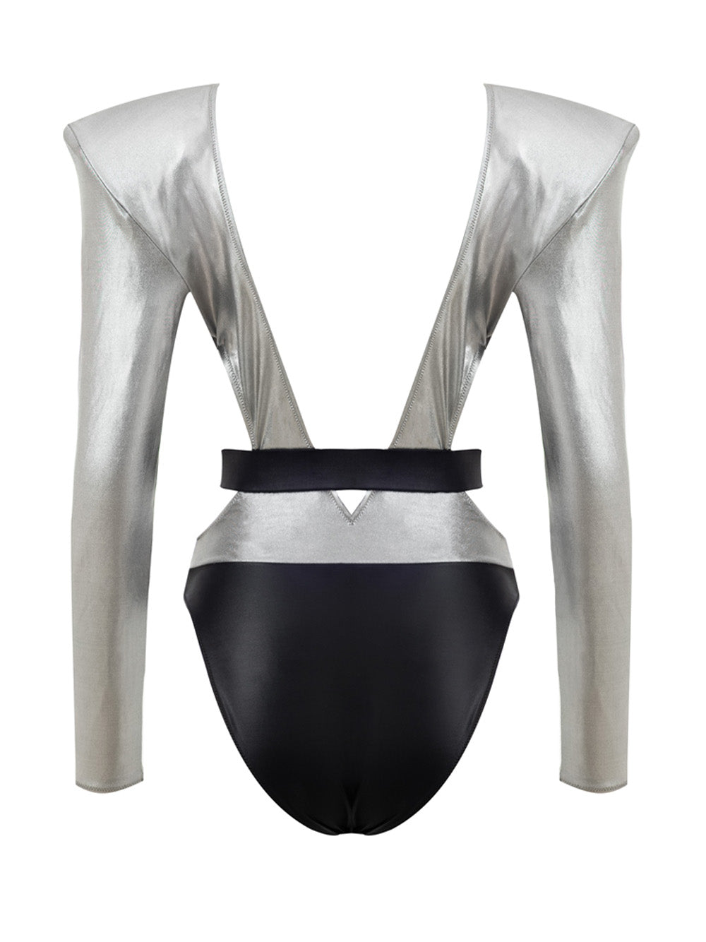 Dolce & Gabbana Silver Long-Sleeve One-Piece Swimsuit with Padded Shoulders – Siebentaschen
