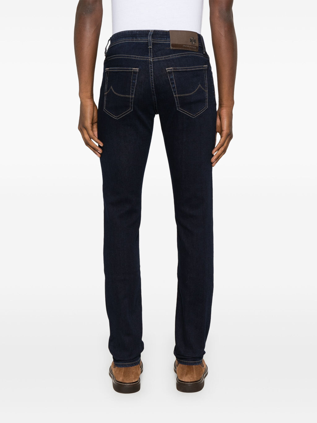Back view of Jacob Cohen Nick Blue Jeans worn by a model with brown shoes and white shirt