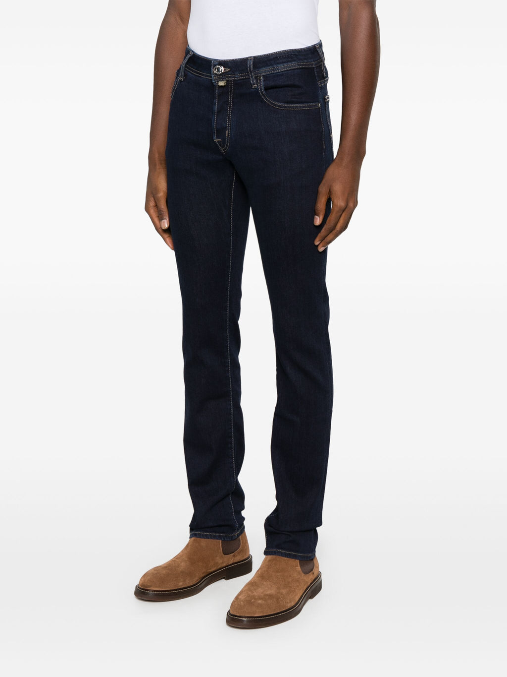 Slim fit dark blue Jacob Cohen Nick Blue Jeans worn with brown suede shoes and white shirt