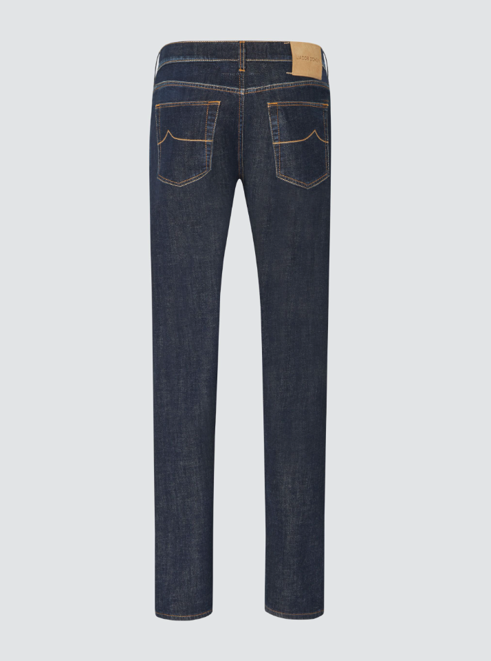 Back view of Jacob Cohen Nick Slim jeans for men in dark blue denim with orange stitching