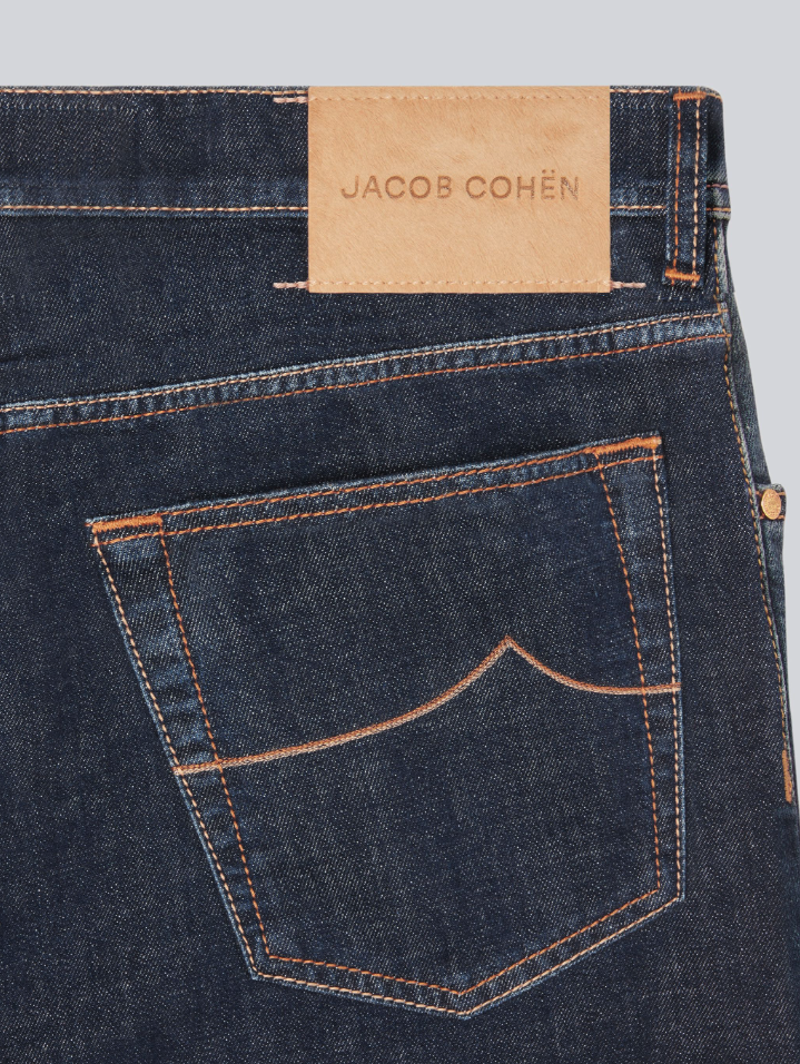 Jacob Cohen Nick Slim jeans for men in dark blue denim with contrast stitching and leather patch