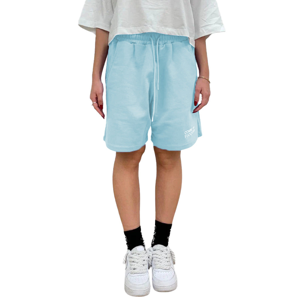 Comme Des Fuckdown Cotton Shorts Azzurri Logo Ricamato