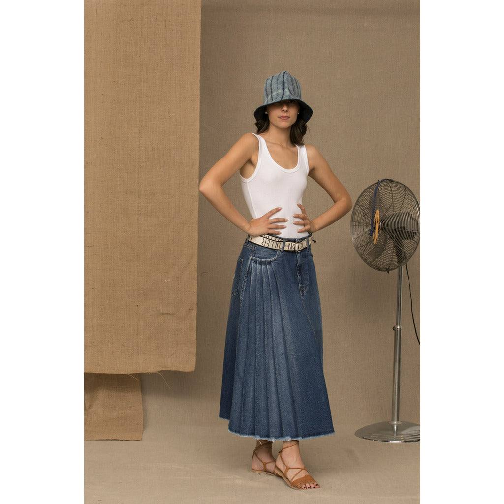 Don The Fuller Pleated Blue Denim Skirt With Zip And