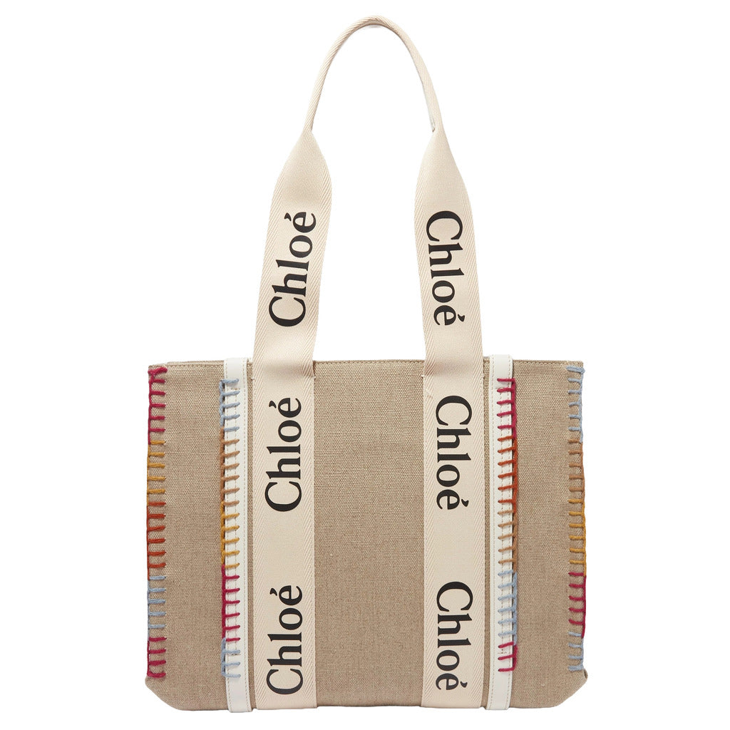 Chloè Calfskin Woody Whipstitched Canvas Multi Beige