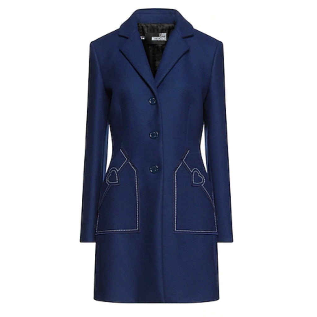 Love Moschino Wool Coat, Blue Color, Buttons Closure, 2-Pocket