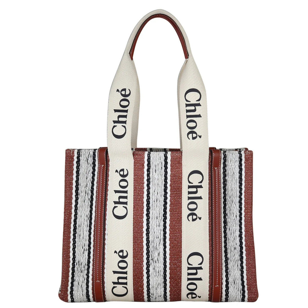 Chloè Calfskin Woody Medium Canvas Tote Bag Tan