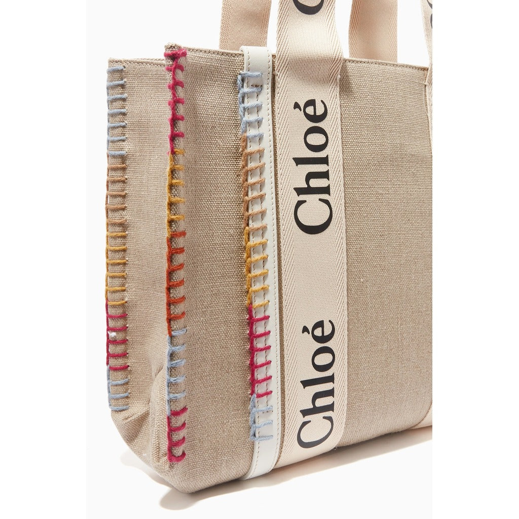 Chloè Calfskin Woody Whipstitched Canvas Multi Beige — view 3