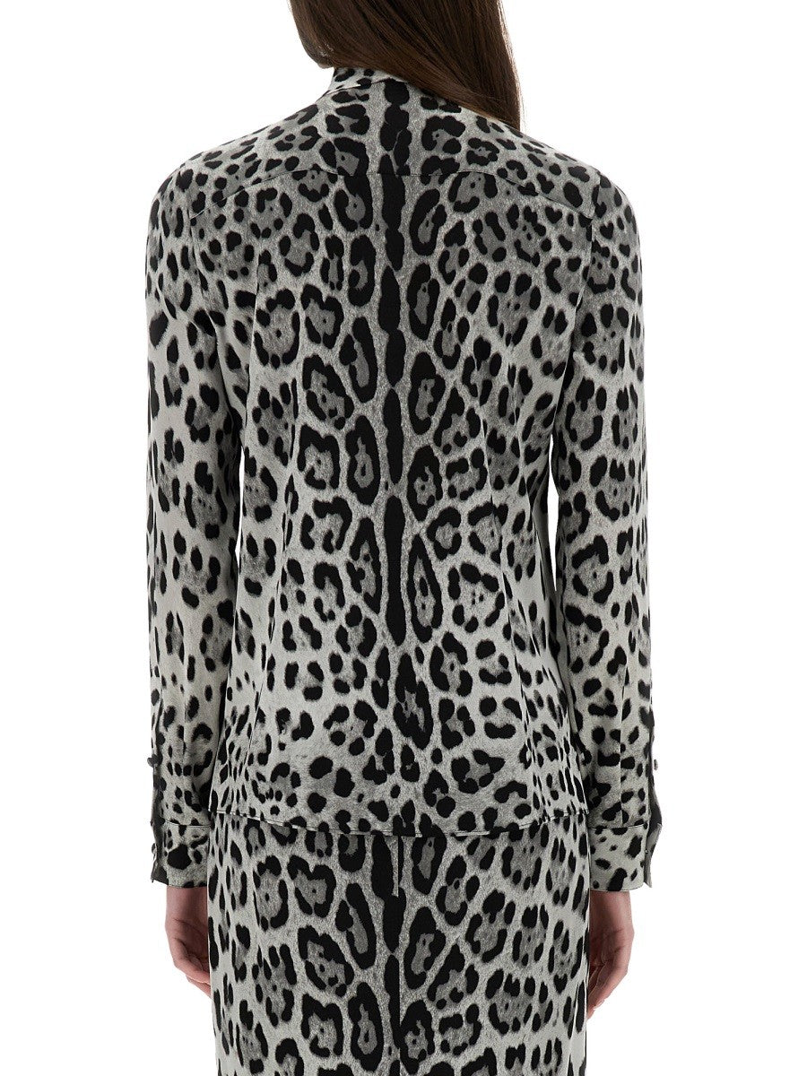 Dolce & Gabbana LEOPARD PRINT BOW CHARMEUSE SHIRT