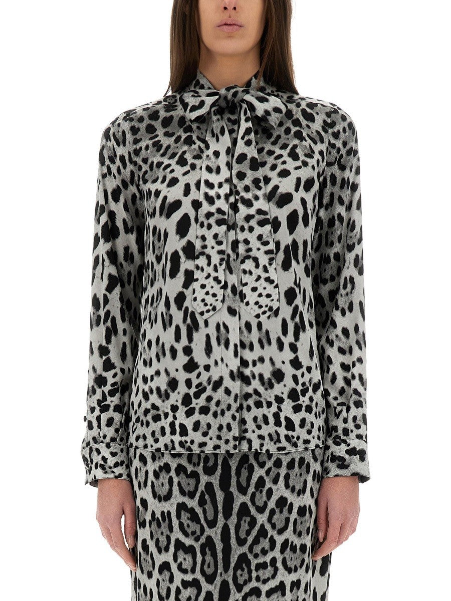 Dolce & Gabbana LEOPARD PRINT BOW CHARMEUSE SHIRT