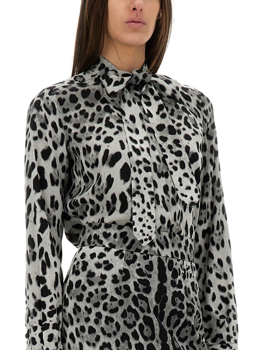 Dolce & Gabbana LEOPARD PRINT BOW CHARMEUSE SHIRT