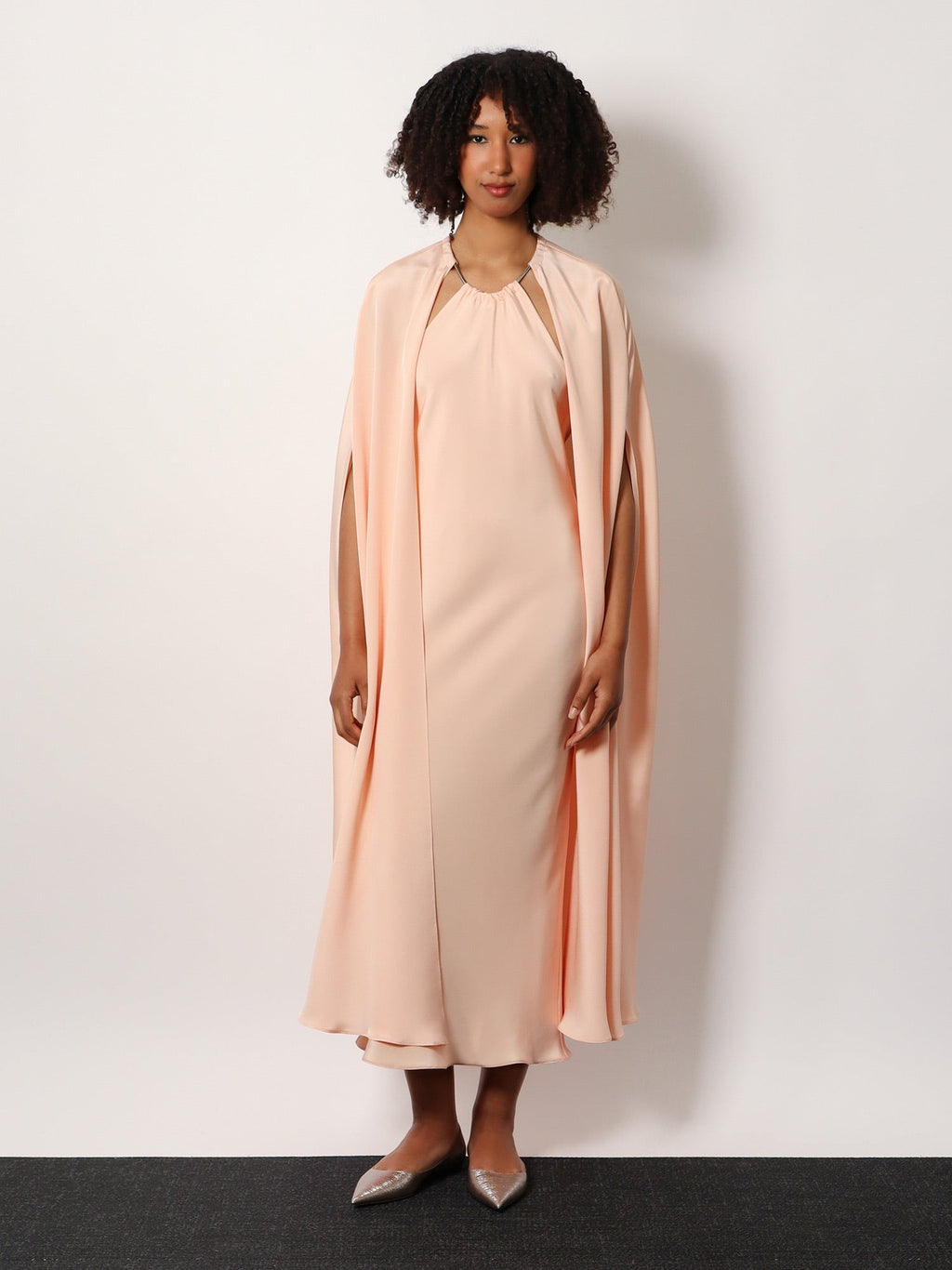 Max Mara Managua silk long dress with silk cape and metal detail