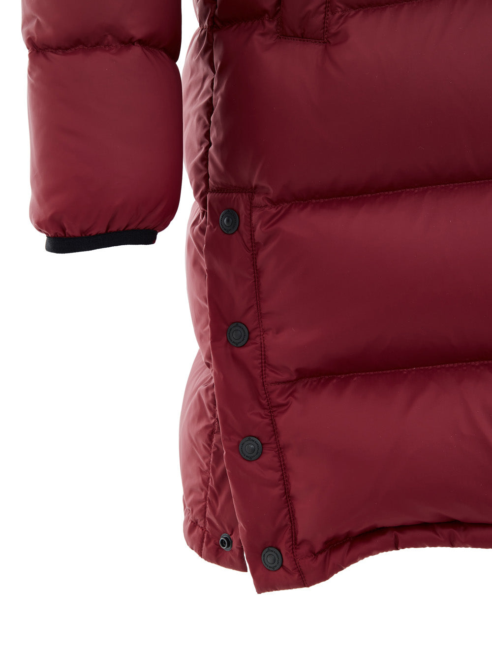 Moose Knuckles Long Down Jacket with Hood in Bordeaux