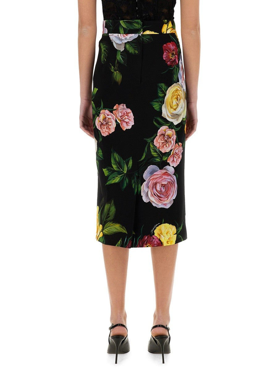 Dolce & Gabbana PEONY AND ROSE PRINT CHARMEUSE LONGUETTE SKIRT