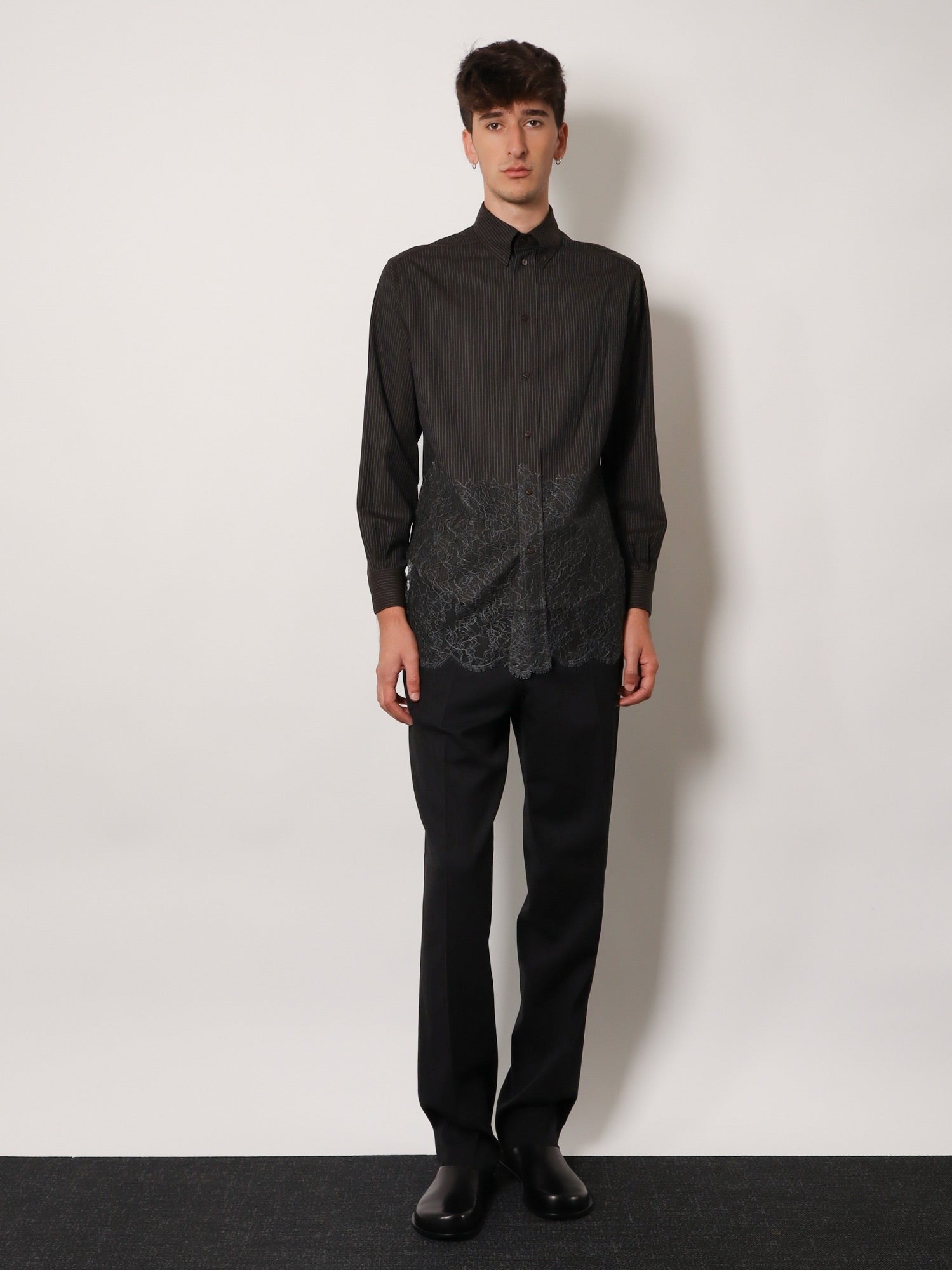 Fendi Pinstriped wool shirt with lace insert