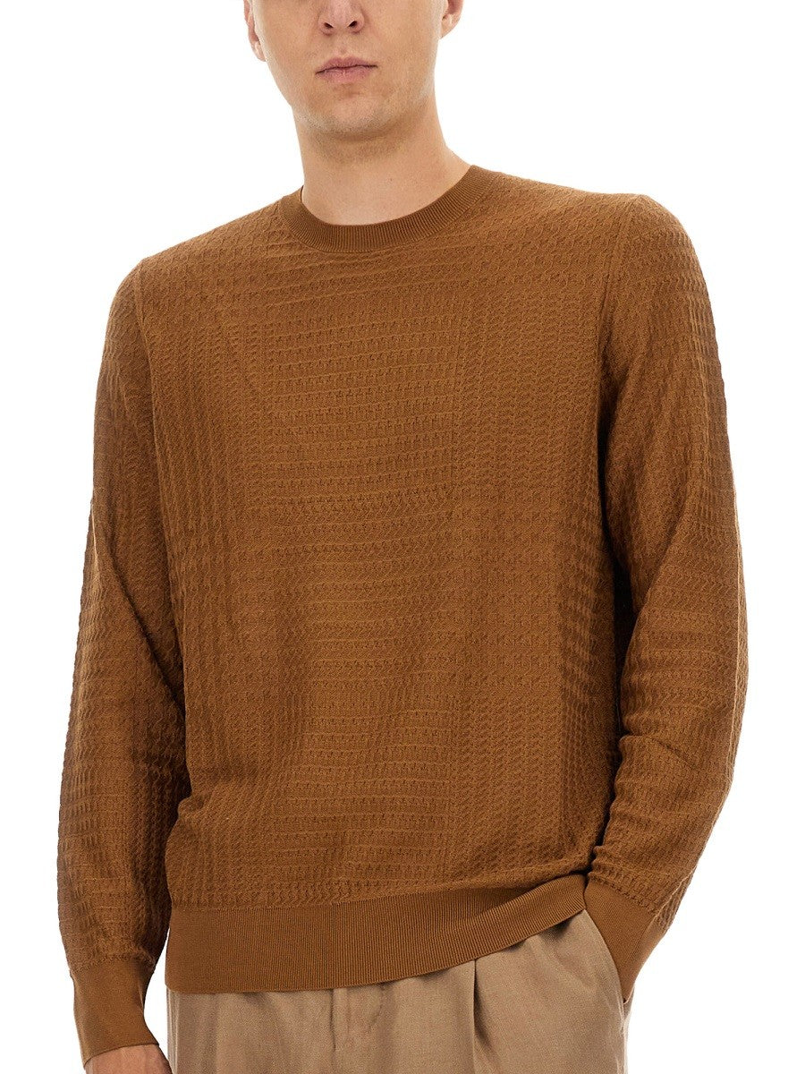 BOSS CAMEL PRINCE OF WALES CHECKED SILK SWEATER