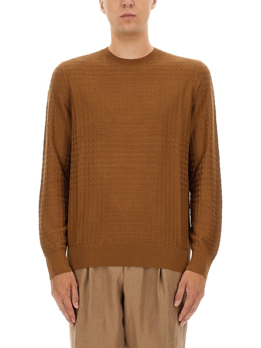 BOSS CAMEL PRINCE OF WALES CHECKED SILK SWEATER