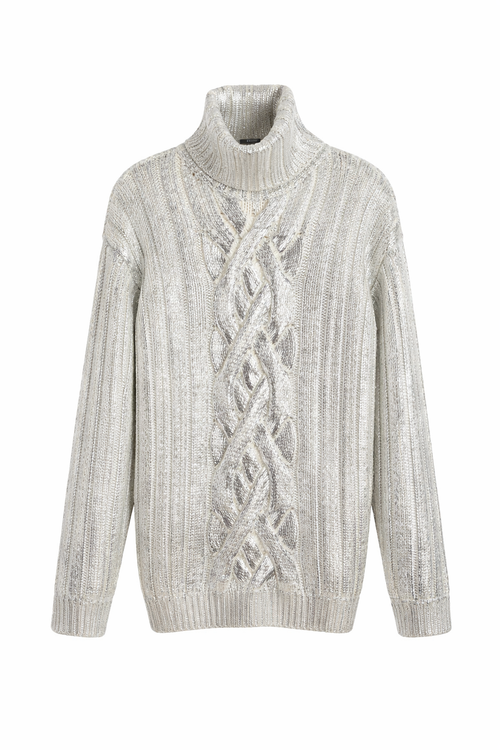 Balmain Man Metallic Cabled Turtleneck Grey
