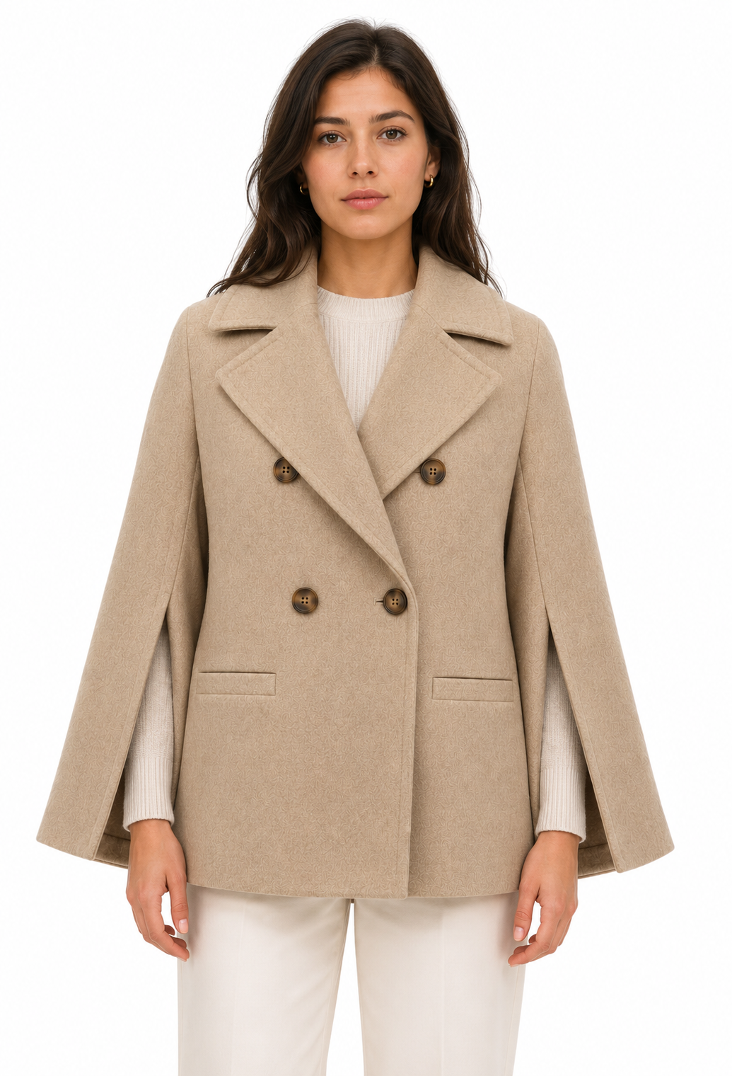 Loro Piana Fabric Woman Peacoat Double-Breasted Kimono Coats Beige