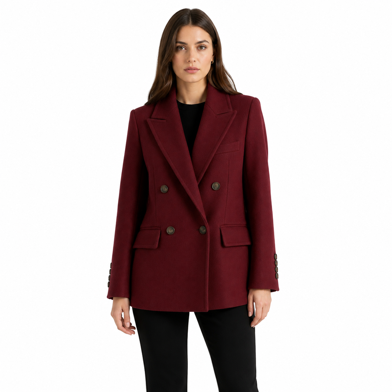 Loro Piana Fabric Woman Coat Short Double-Breasted Burgundy Red