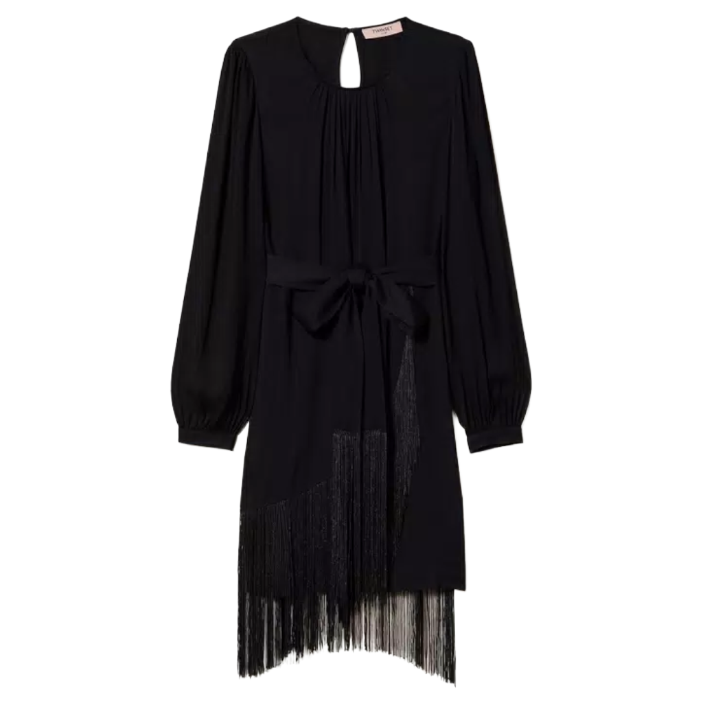 Twinset Woman Dress Short Crêpe Frange Black