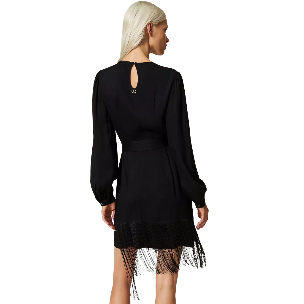 Twinset Woman Dress Short Crêpe Frange Black