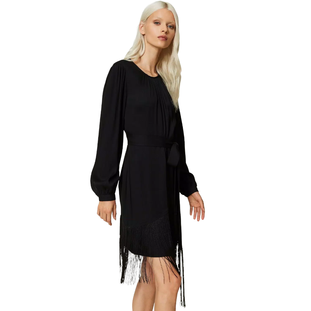 Twinset Woman Dress Short Crêpe Frange Black