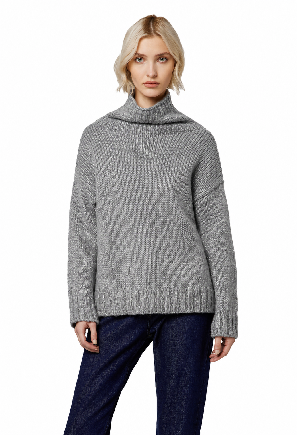 Alpha Studio Woman Neck Piedi Soft Shiny Sweaters Grey