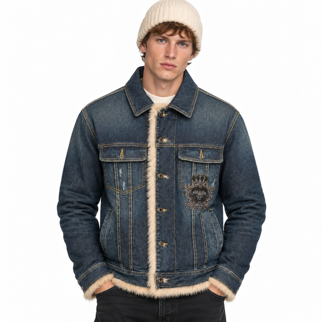 Dolce & Gabbana Man Jacket Denim Pelliccia Blue