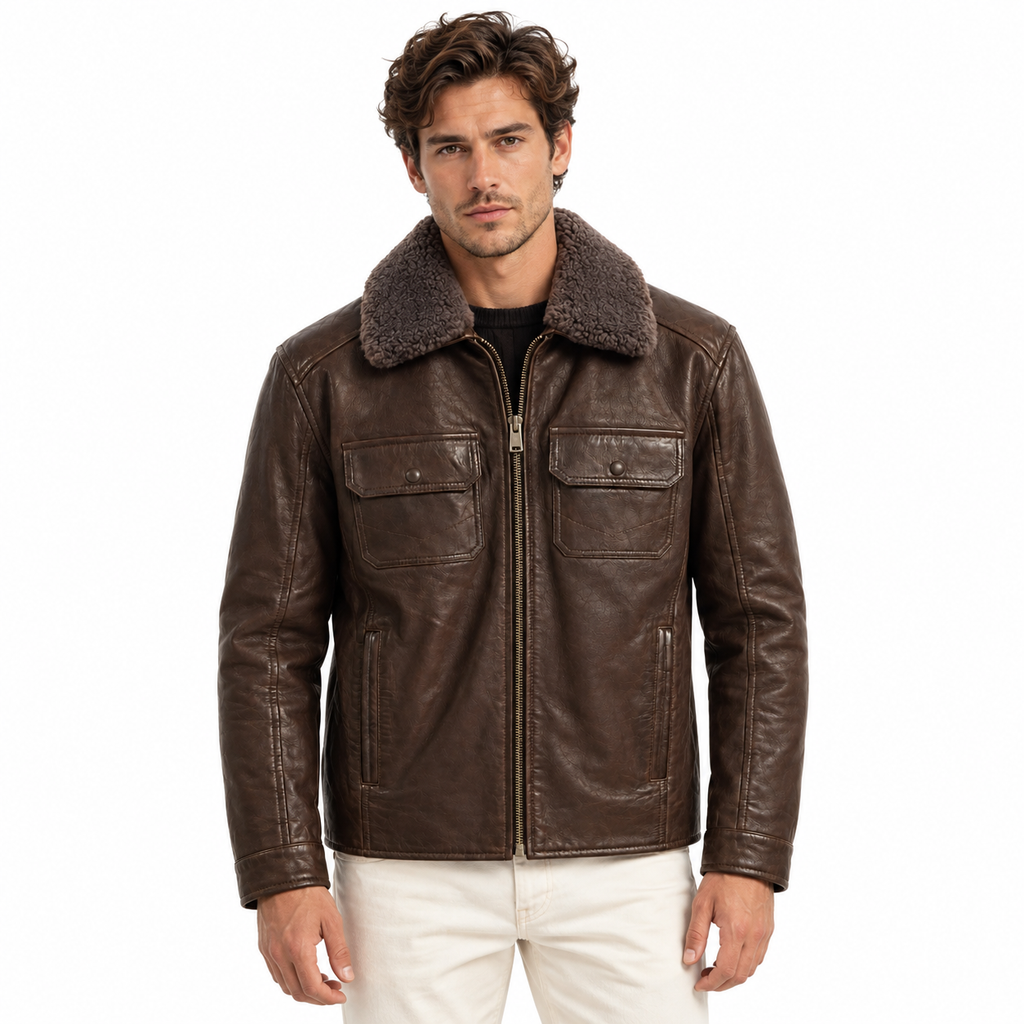 Emilio Romanelli Man Jacket Leather Colletto Pelliccia Brown