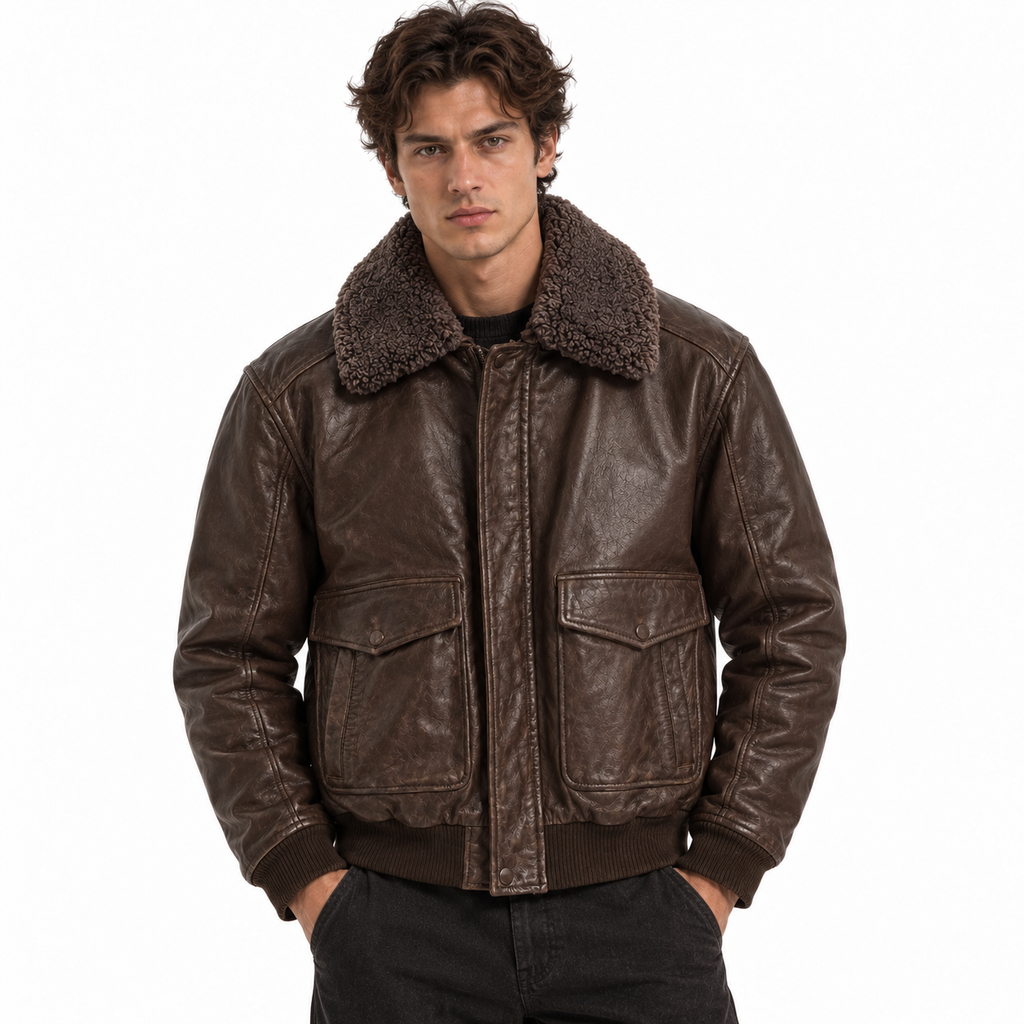 Emilio Romanelli Man Jacket Leather Colletto Pelliccia Brown