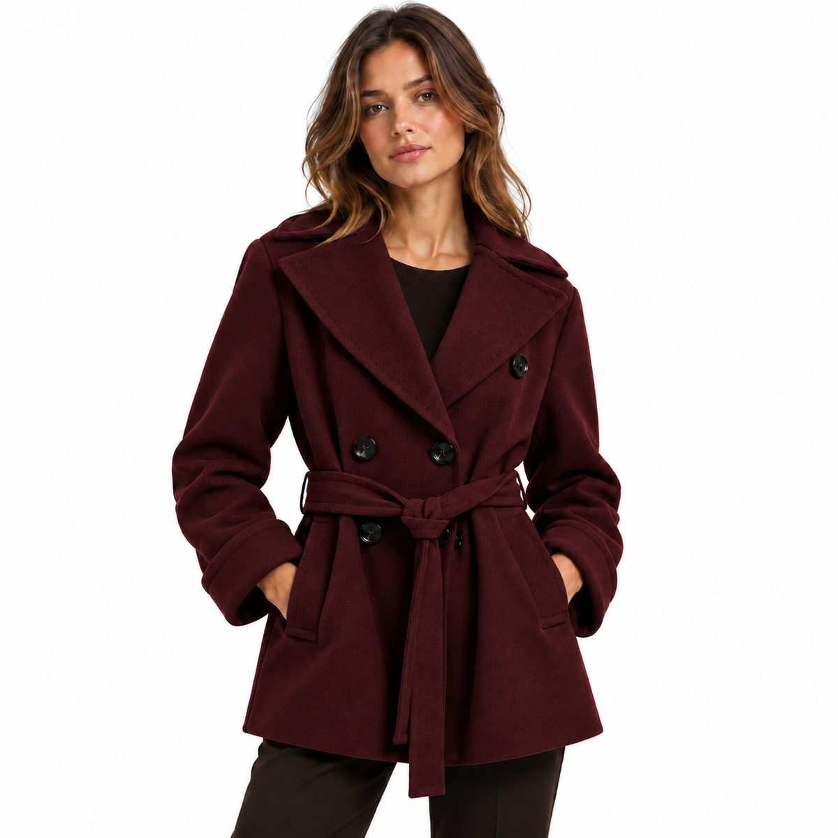 Loro Piana Fabric Woman Coat Double-Breasted Belt Bordeaux