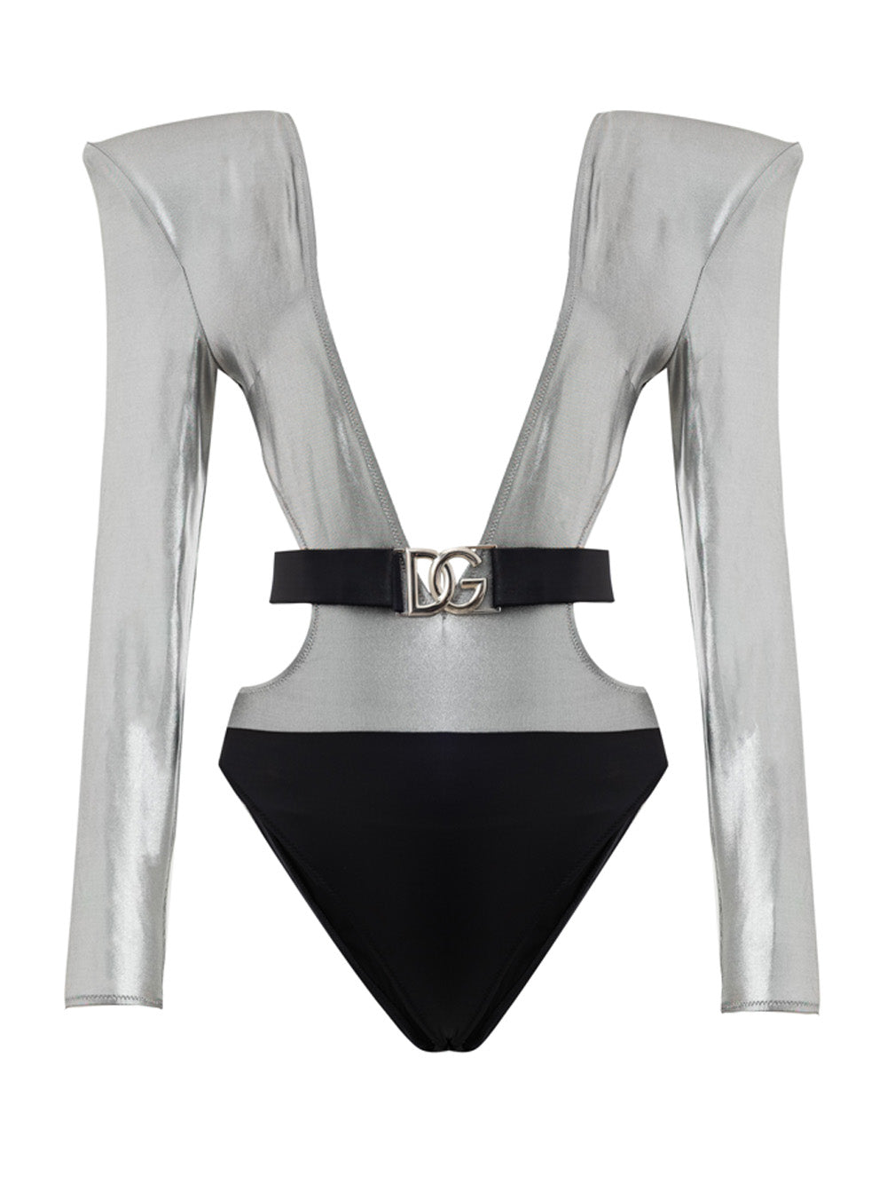 Dolce & Gabbana Silver Long-Sleeve One-Piece Swimsuit with Padded Shoulders – Siebentaschen