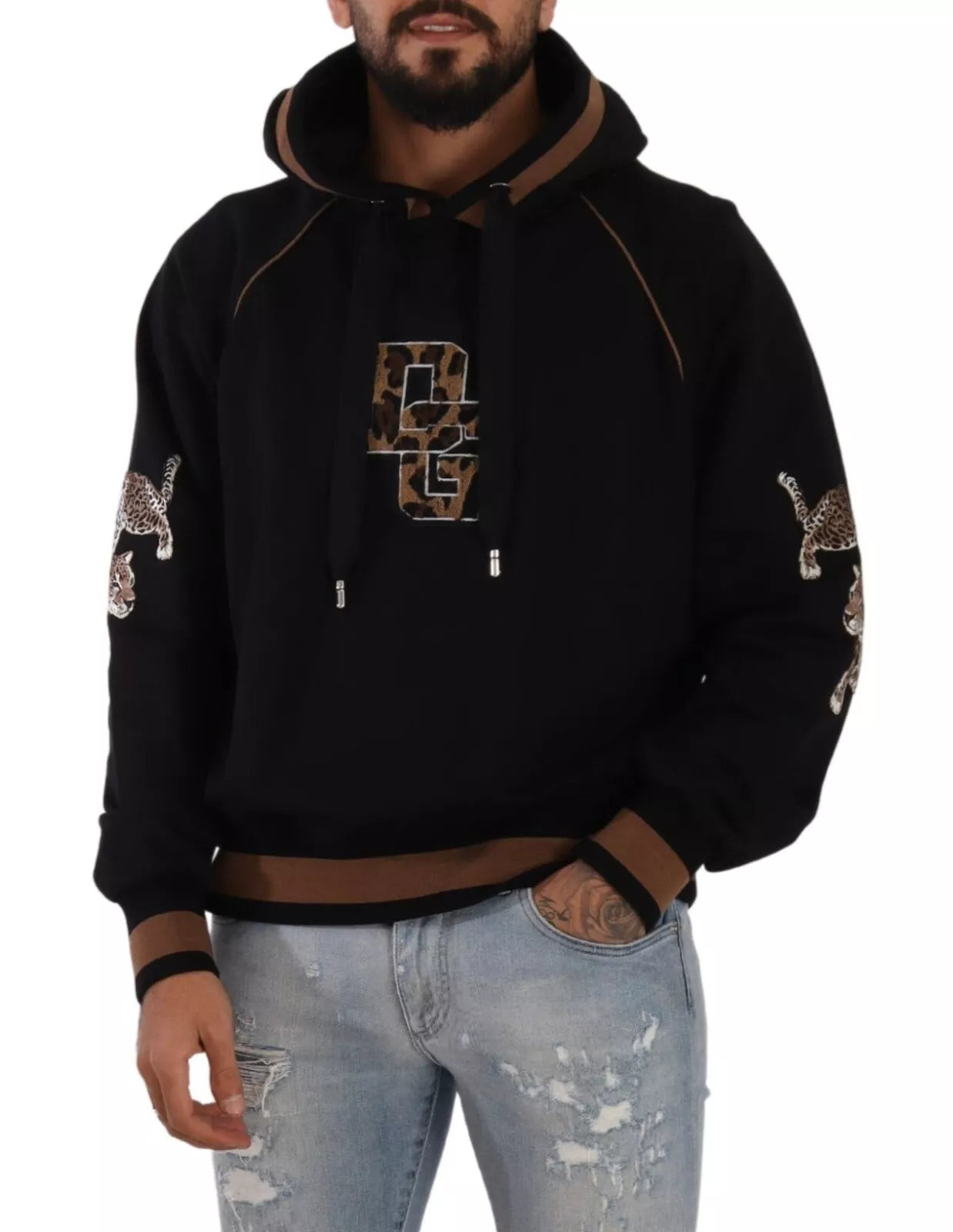 DOLCE & GABBANA mens' sweater black brown leopard cotton hoodie