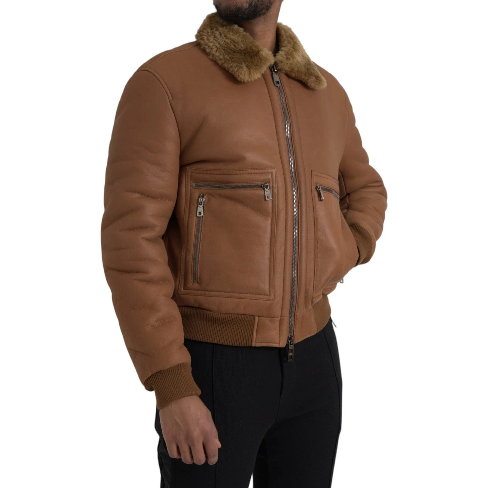 Veste en cuir Dolce Gabbana avec col en peau lainée