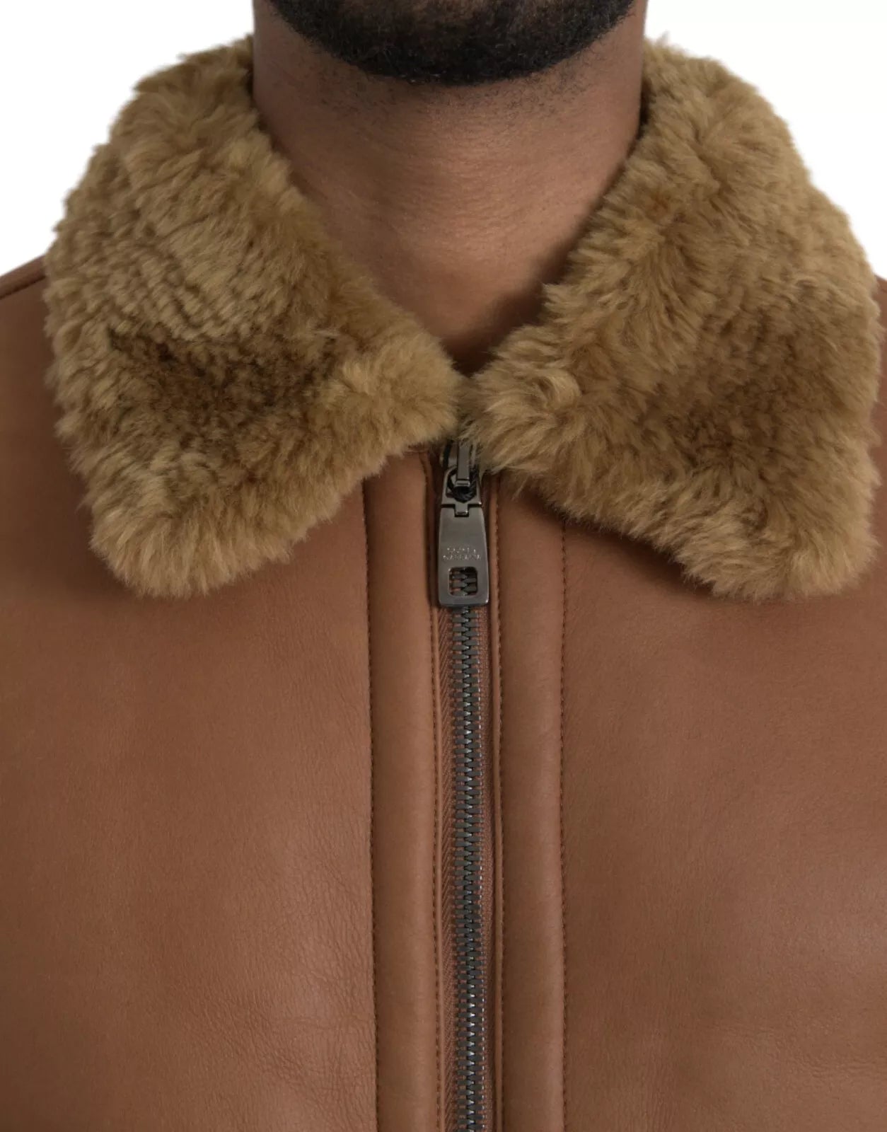 Veste en cuir Dolce Gabbana avec col en peau lainée