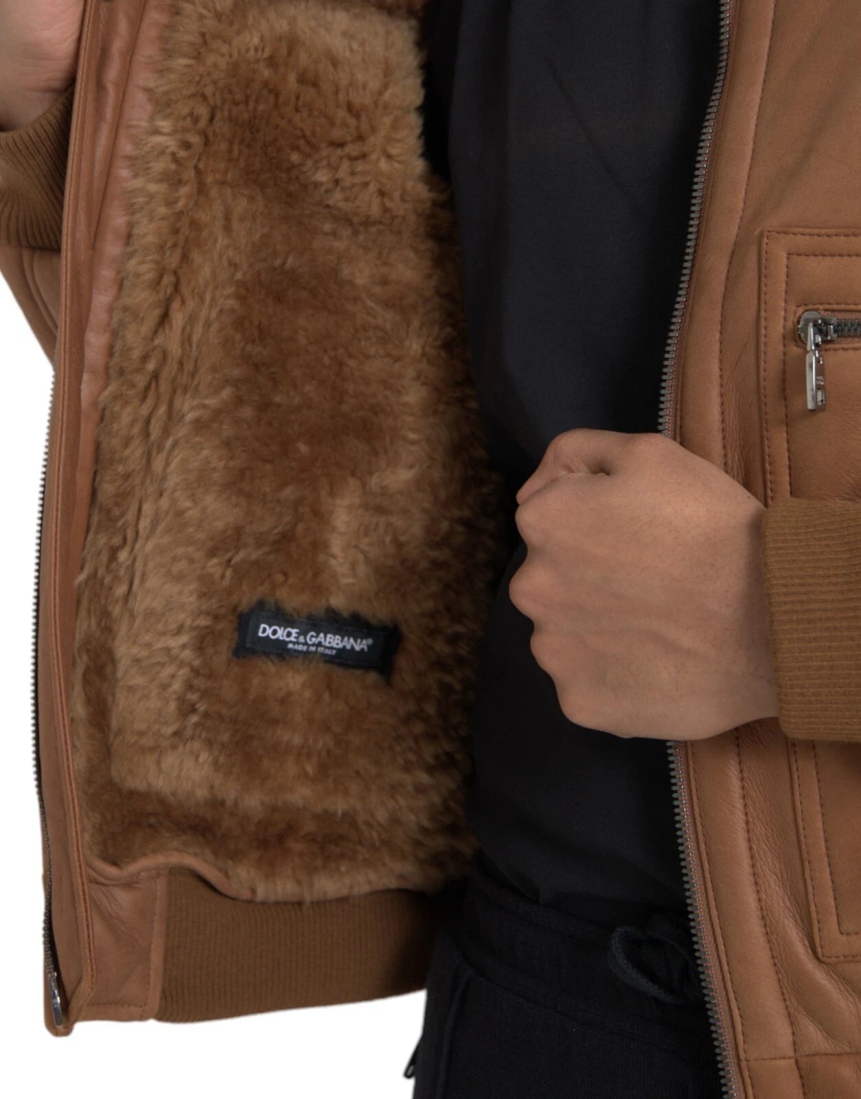 Veste en cuir Dolce Gabbana avec col en peau lainée