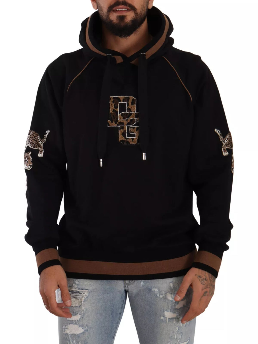 DOLCE & GABBANA mens' sweater black brown leopard cotton hoodie