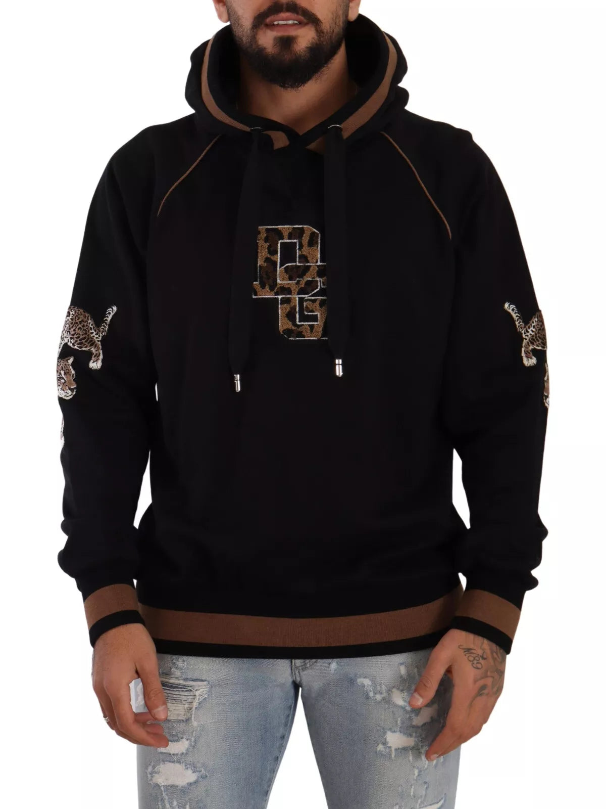 DOLCE & GABBANA mens' sweater black brown leopard cotton hoodie