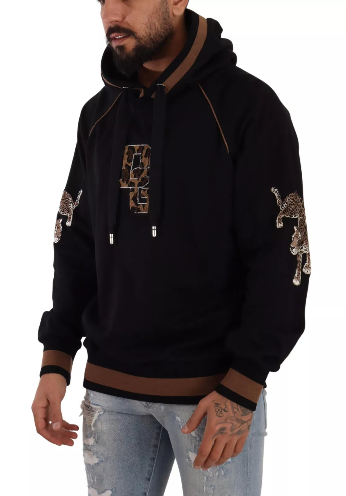 DOLCE & GABBANA mens' sweater black brown leopard cotton hoodie