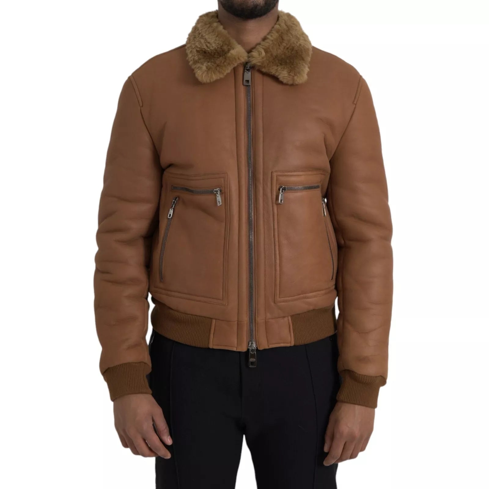 Veste en cuir Dolce Gabbana avec col en peau lainée