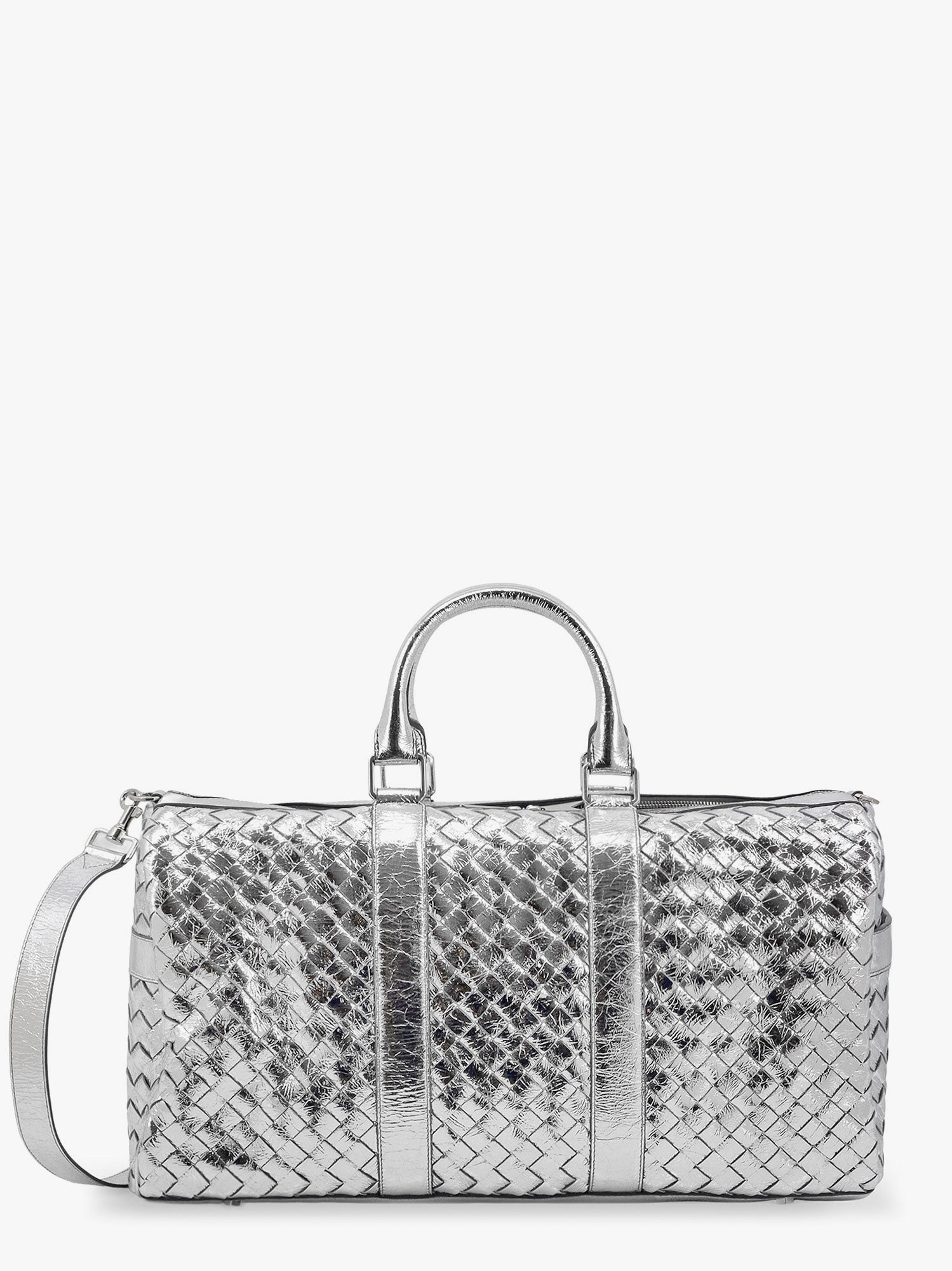 Bottega Veneta Silver leather duffle bag with intrecciato motif