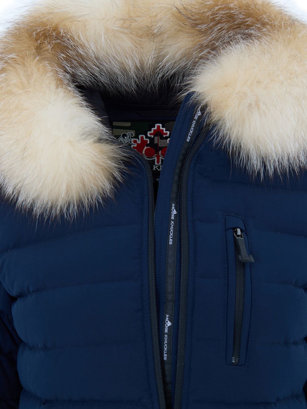 Lightweight Down Jacket with Moose Knuckles Fur Collar in Blue