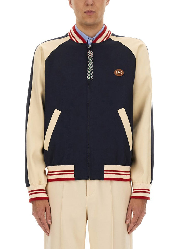 Valentino WOOL AND COTTON BOMBER JACKET WITH VLOGO AND CHAT DE LA MAISON PATCH