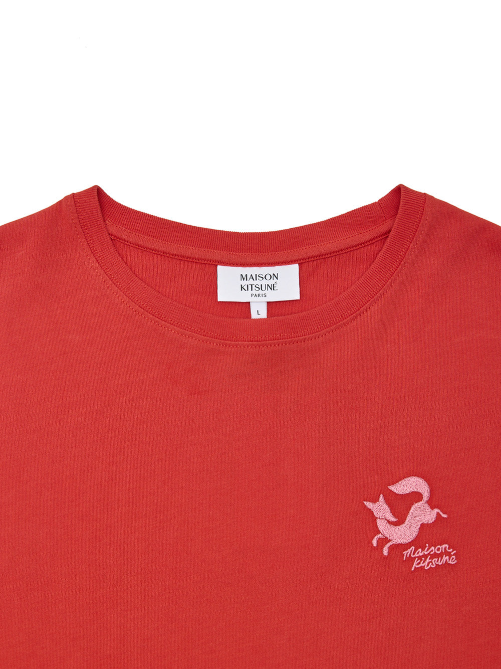 Coral Red Cotton T-Shirt with Maison KitsunÃ© Embroidery